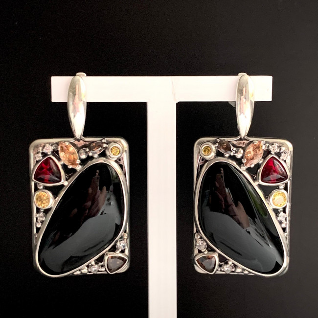 Серьги с2570 (39.93 г), серебро, красный, черный, желтый, коричневый, оранжевый, бесцветный, кварц (имит), обсидиан (имит), фианит купить в интернет-магазине Циркон С