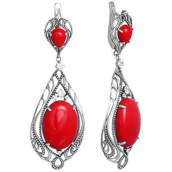 Серьги с2577 (23.93 г), серебро, красный, бесцветный, коралл (имит), фианит купить в интернет-магазине Циркон С