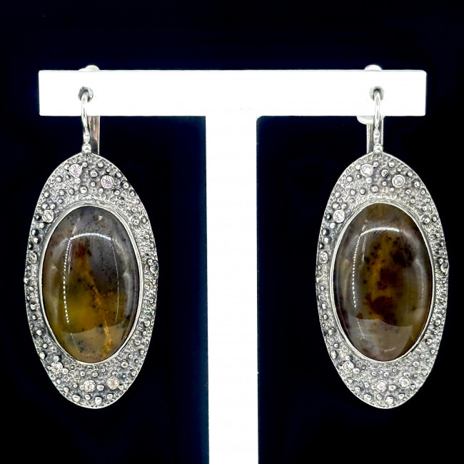 Серьги с2596 (20.75 г), серебро, коричневый, бесцветный, агат моховой, фианит купить в интернет-магазине Циркон С