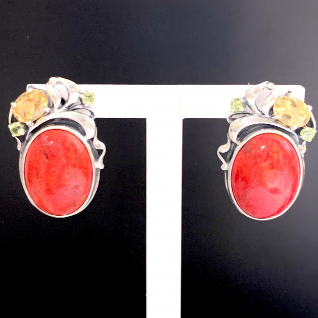 Серьги с2610 (15.12 г), серебро, рыжий, коралл губч., хризолит, цитрин купить в интернет-магазине Циркон С