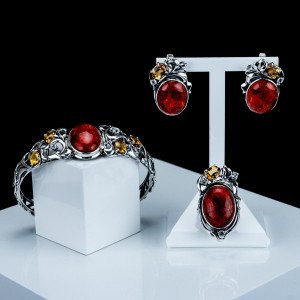 Серьги с2610 (15.95 г), серебро,  Красный, Белый, Рыжий Коралл Губч., Топаз, Цитрин купить в интернет-магазине Циркон С