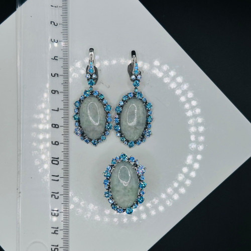 Серьги с2628 (18.98 г), серебро,  Зелено-белый, Голубой, Аквамарин Жадеит, Фианит купить в интернет-магазине Циркон С