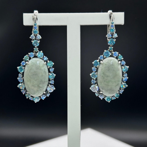 Серьги с2628 (18.98 г), серебро,  Зелено-белый, Голубой, Аквамарин Жадеит, Фианит купить в интернет-магазине Циркон С