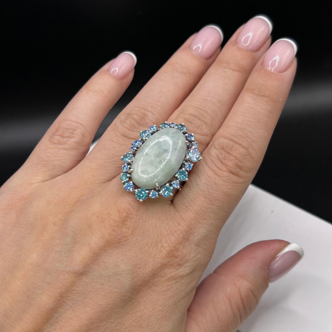 Кольцо к2628 (10.57 г), серебро, зелено-белый, голубой, аквамарин, жадеит, фианит купить в интернет-магазине Циркон С