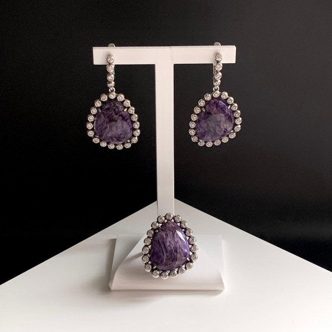 Серьги с2655 (16.78 г), серебро, бесцветный, фиолетовый, фианит, чароит купить в интернет-магазине Циркон С
