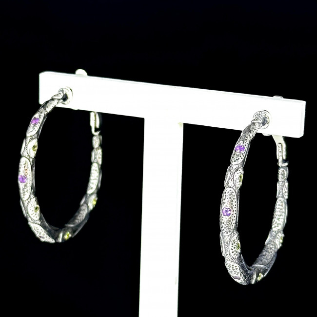 Серьги с2686 (11.00 г), серебро, фиолетовый, зелено-желтый, аметист, хризолит купить в интернет-магазине Циркон С